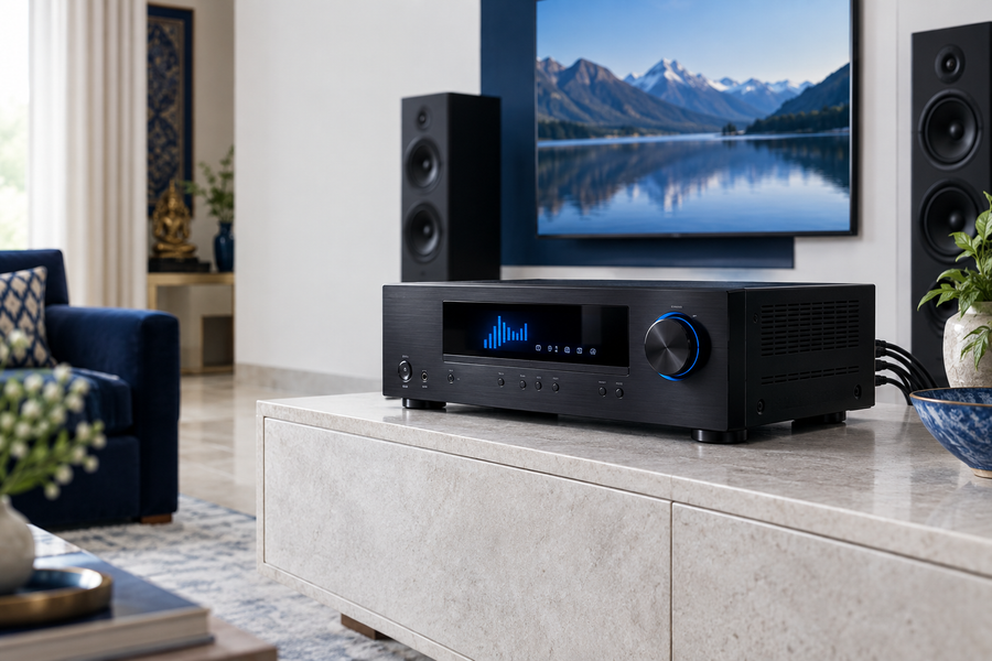 Modern AV receiver on a premium media console