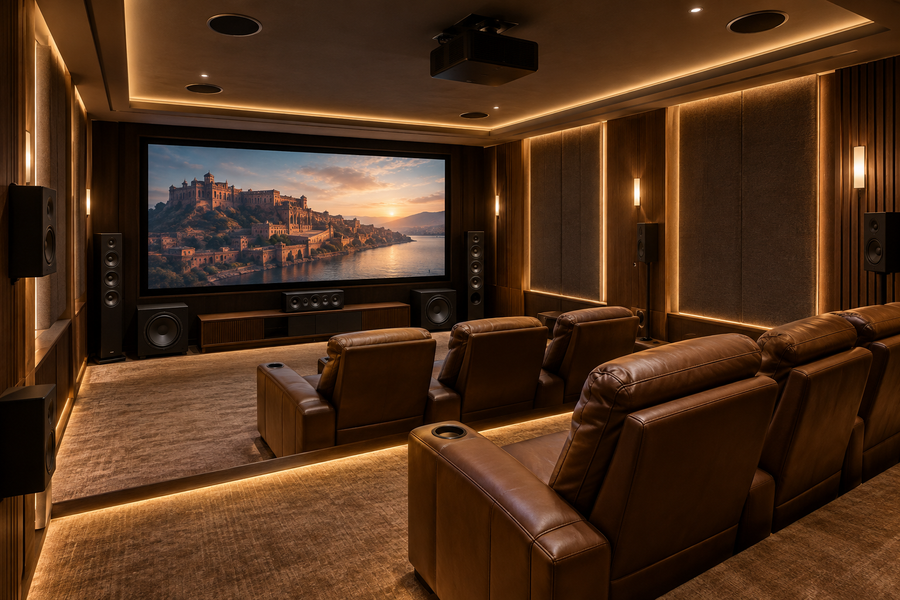 Premium Indian private cinema with projection screen, speakers and two rows of seating