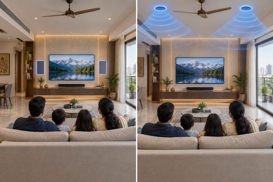 Indian living room comparison of flush in-wall speakers beside a TV and in-ceiling speakers overhead