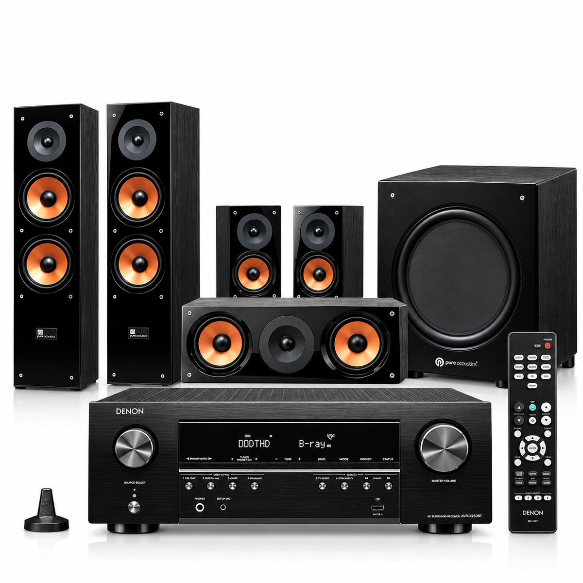 Denon AVR-X250BT 5.1 Home Theatre Package with Pure Acoustics SuperNova 5 Speakers & SN10 Subwoofer