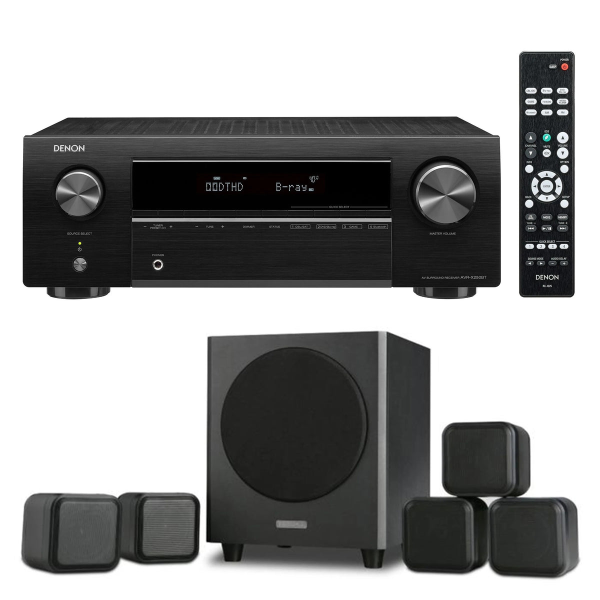 Denon AVR-X250BT 5.1 AV Receiver & Mission M-CUBE SE Home Theatre Bundle – Complete 5.1 Surround Sound System with AV Receiver and Satellite Speaker Package (Package)
