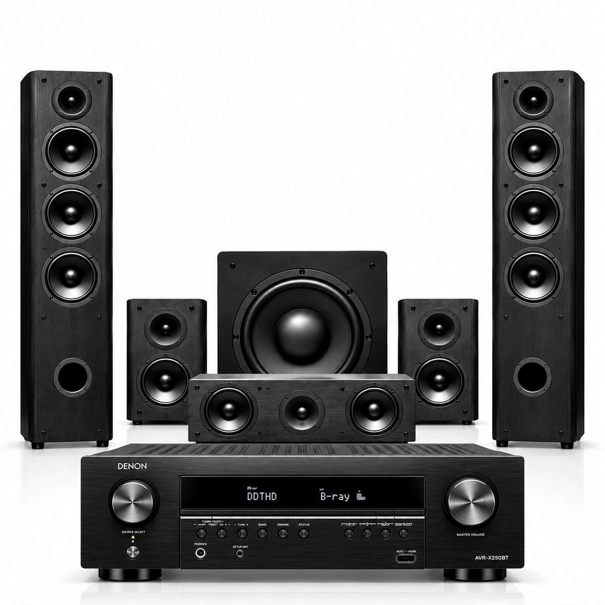 Denon AVR-X250BT 5.1 Home Theatre Package with TAGA Harmony TAV505SE 5.0 Speaker Set & TSW90 10-Inch Subwoofer