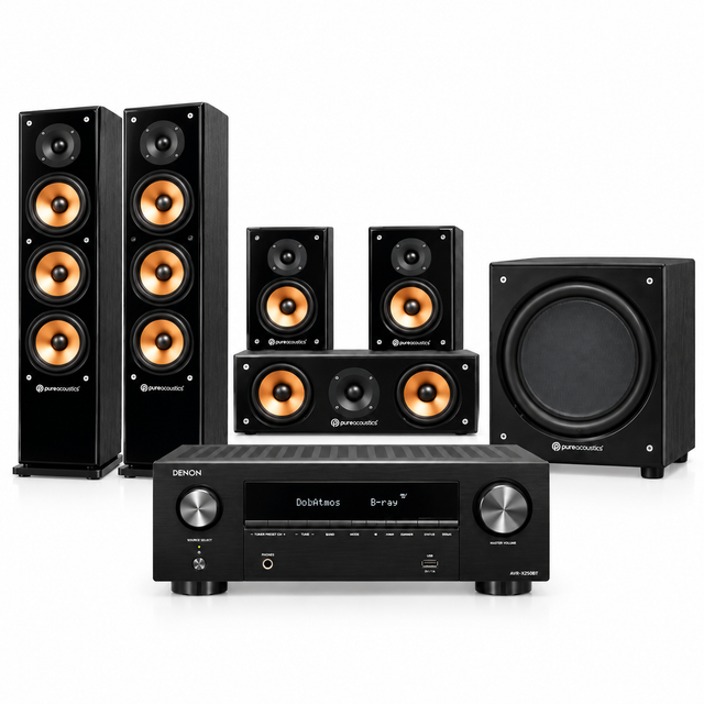 Denon AVR-X250BT 5.1 Home Theatre Package with Pure Acoustics SuperNova 8 Speakers & Subwoofer