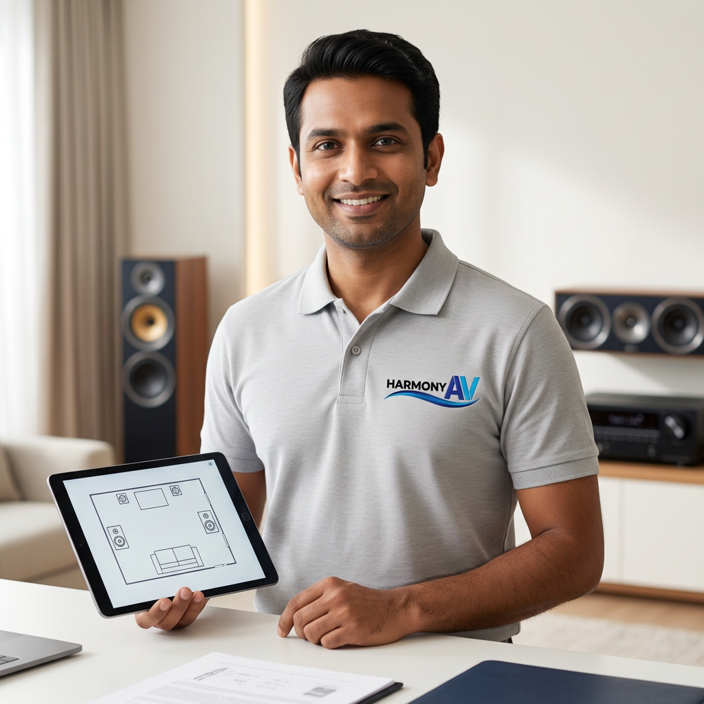 AI-generated AV advisor wearing Harmony AV branding and holding a room-planning tablet