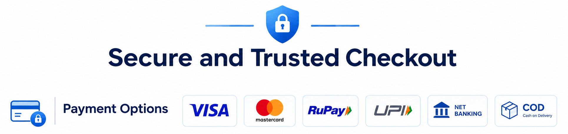 Secure and trusted checkout. Payment options shown: Visa, Mastercard, RuPay, UPI, net banking and cash on delivery.