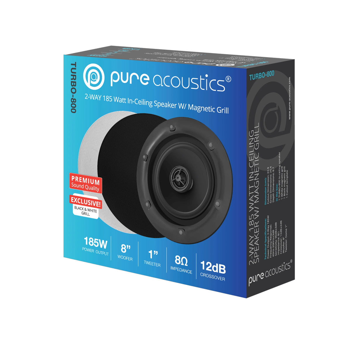Pure Acoustics Turbo 800 2-Way 8" In-Ceiling Speakers for Powerful Home Audio (Pair)
