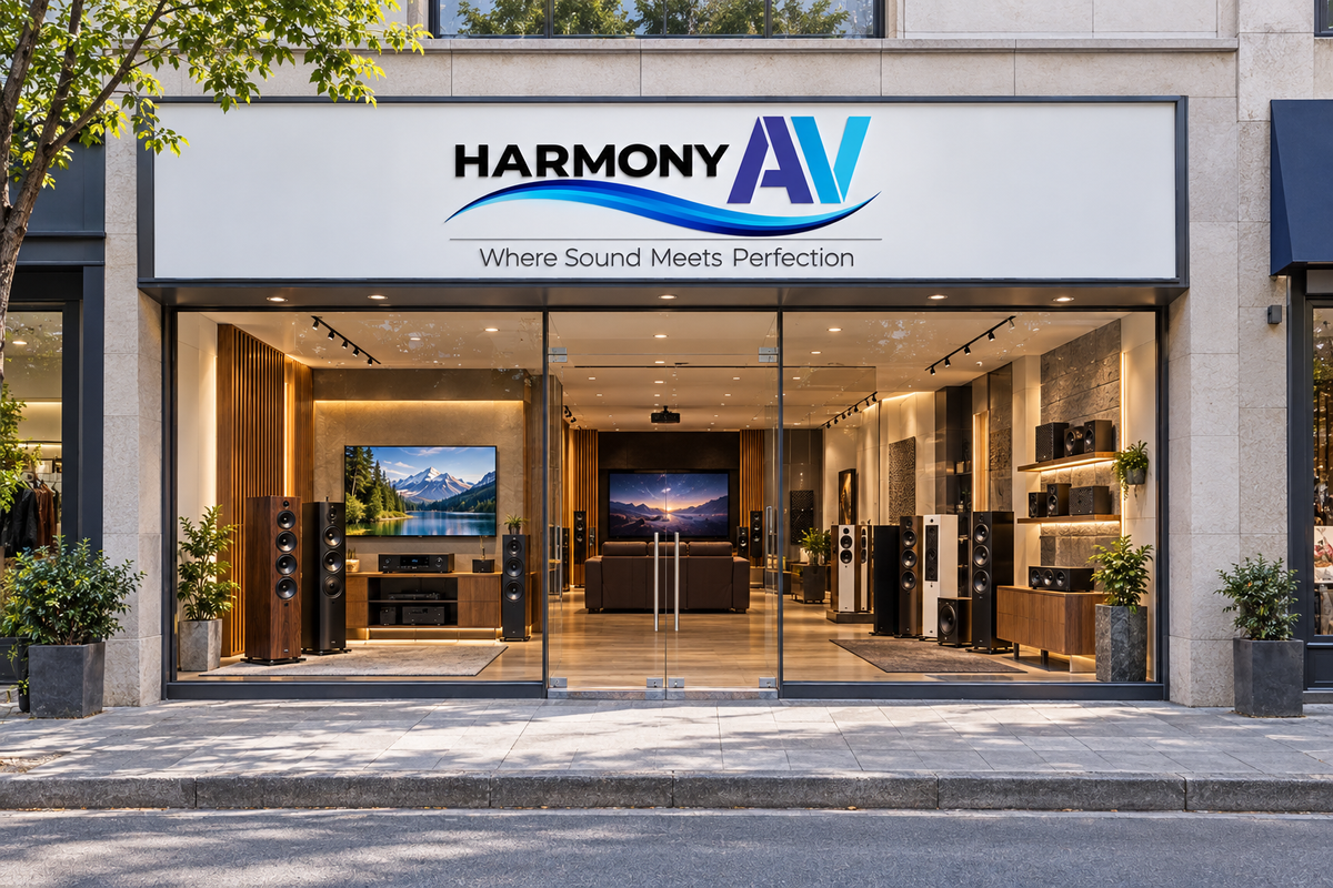 Harmony AV storefront concept using your logo as reference
